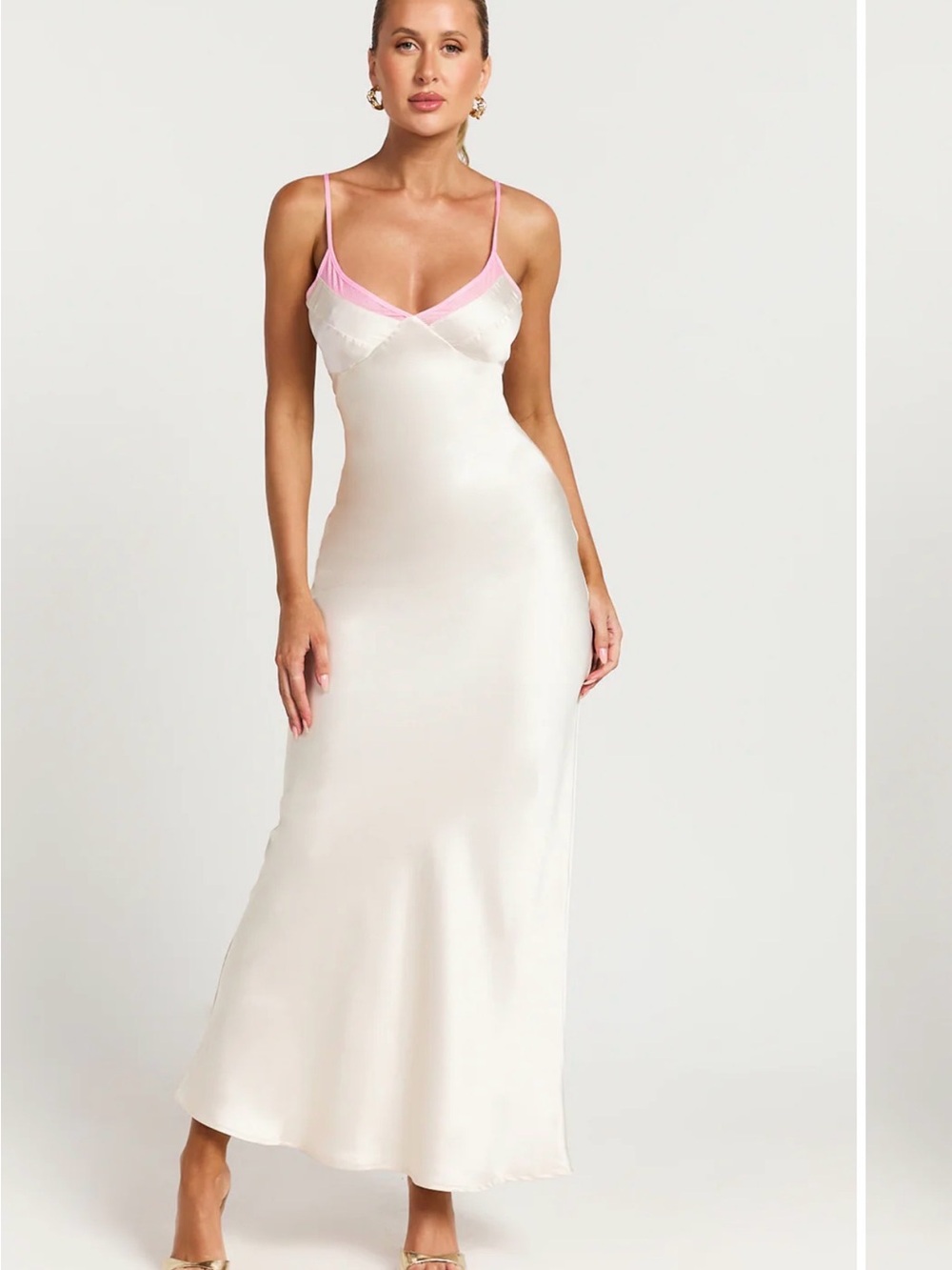 NWT Into Satin Maxi Slip Dress Beige Pink Contrast Trim Women’s Size 6